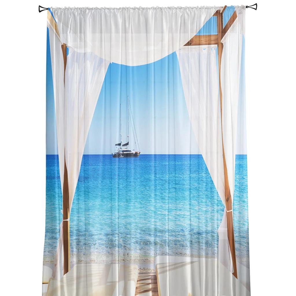 Bali Scenery Ocean Vacation Sheer Curtains Living Room Window Tulle Curtains For Bedroom Kitchen Home Decoration Voile Drapes