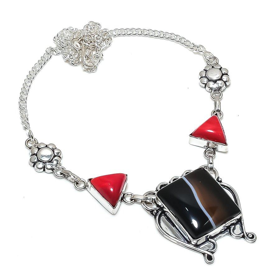 Natural Banded Agate, Coral 925 Sterling Silver Jewelry Necklace 18" N6N54