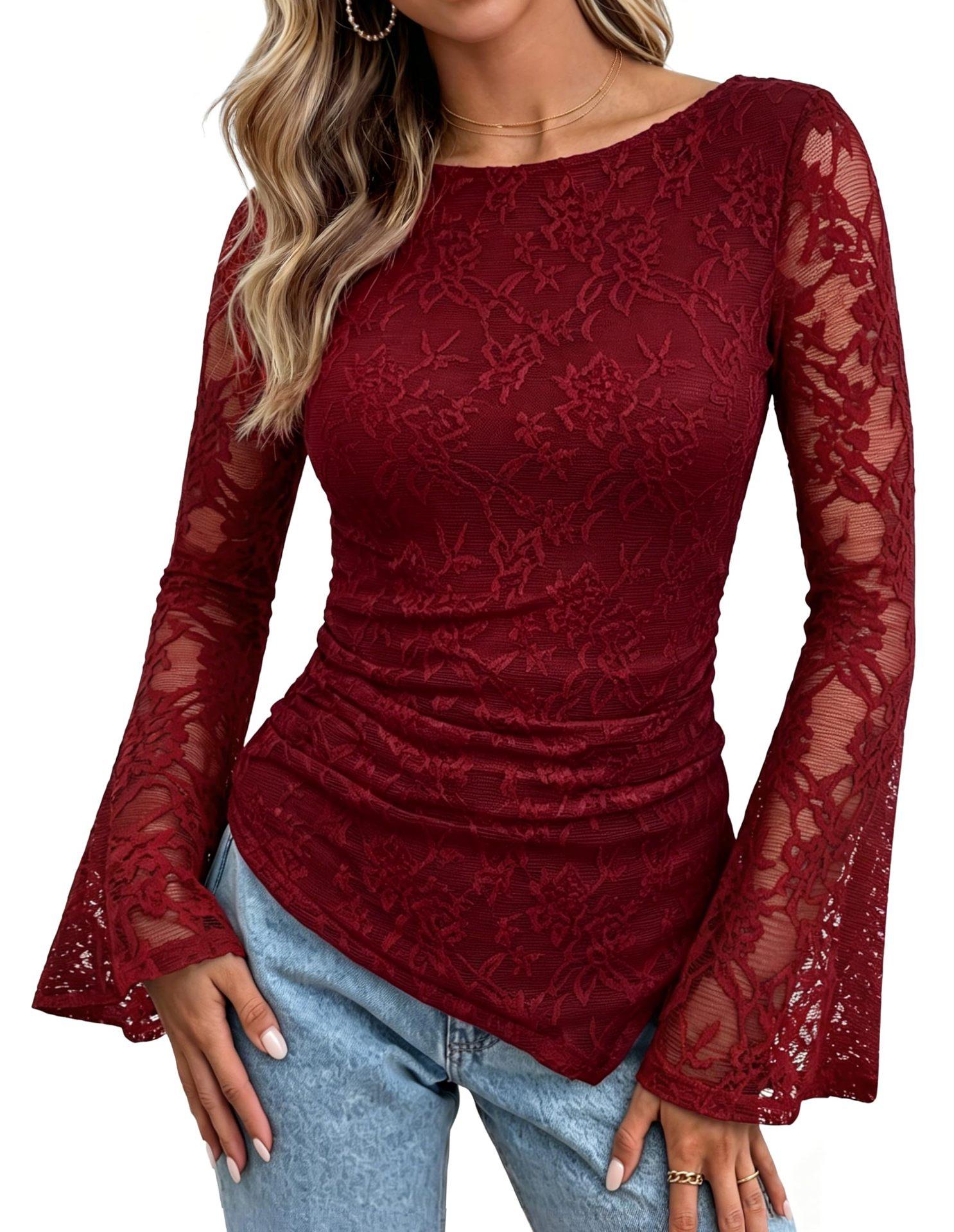 Damen Floral Spitze Langarm Oberteil Quadratischer Ausschnitt Lässig Enganliegend Bluse XL rot