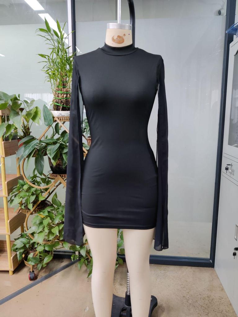 European & American Women's Fashion Round Neck Ribbed Chiffon Cape Bodycon Dress