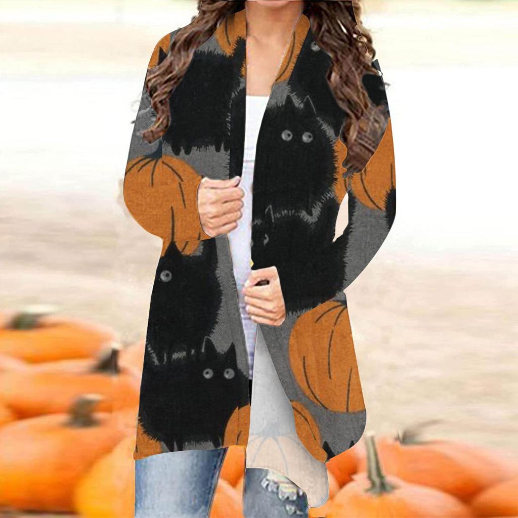 Women's Fashion Casual 2022 Halloween Print Medium Length Cardigan Jacket Coat