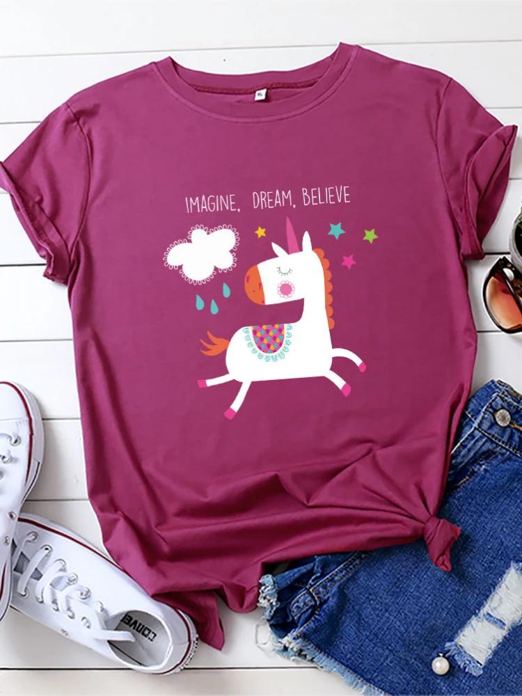 Imagine Dream Believe Horse Print Women T Shirt Short Sleeve O Neck Loose Women Tshirt Ladies Tee Shirt Tops Camisetas Mujer