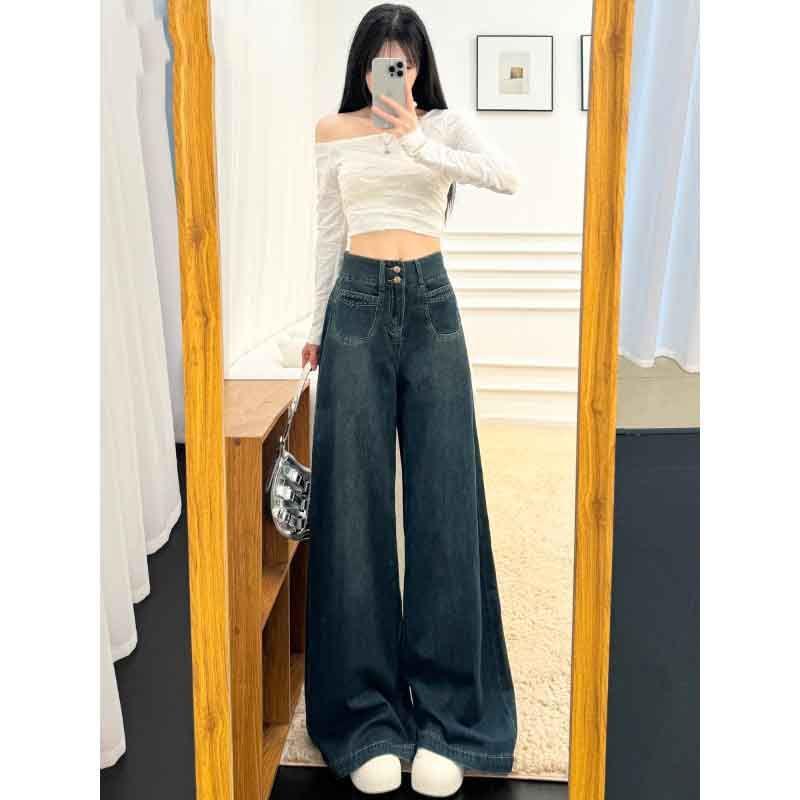 Women's Autumn 2025 Retro High-Waisted Wide-Leg Floor-Length Jeans