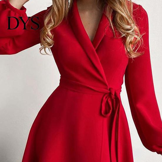 Slim Waist Dress Spring Fall Lady Women with Lace-up Tie Lapel V Neck Colorblock A-line Color Matching Coat Style Long Sleeves Commuting Business Mini
