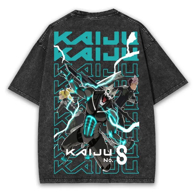 Vintage Washed Hot Kaiju No 8 Anime Cool Printed Graphic T-shirt Oversized T Shirt Men Women Clothing Polyester Short Sleeve Tees