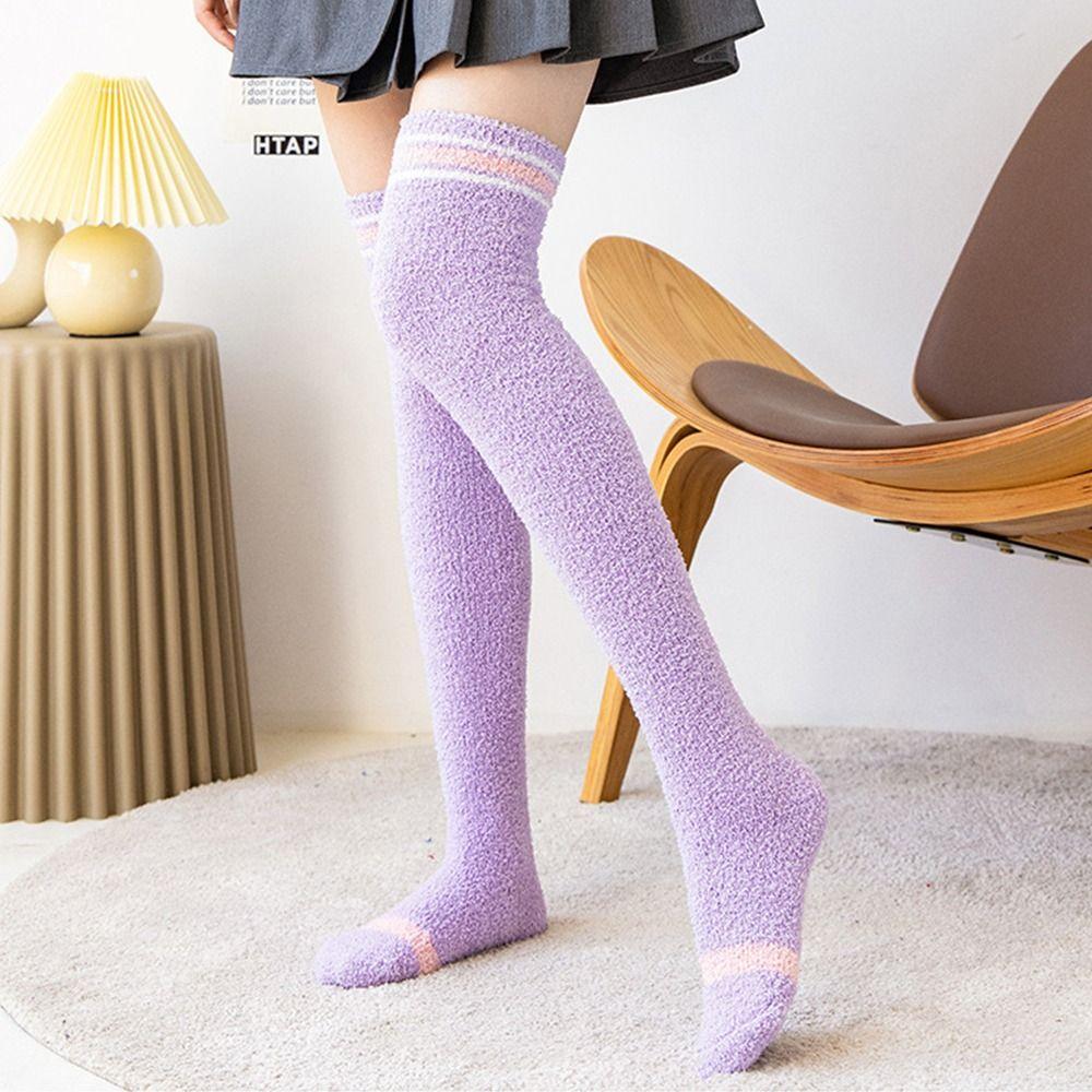 Lange Über-Knie-Socken Korallenrot Samt Warme Beinbekleidung Flauschige Damen-Kniestrümpfe Winter