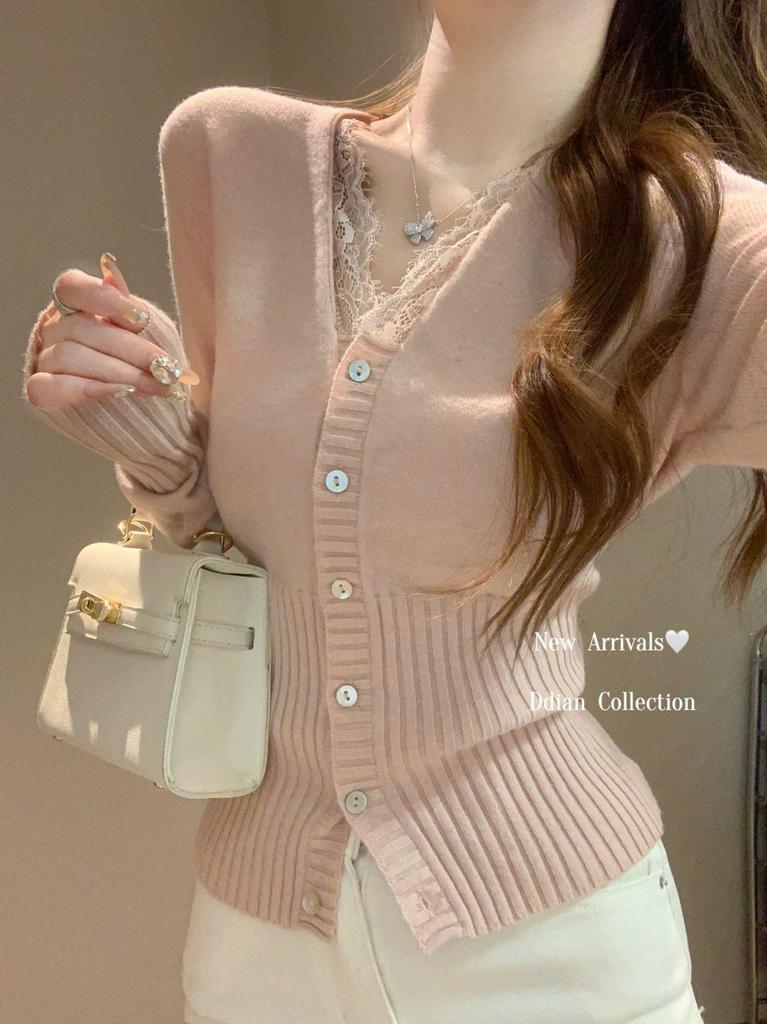 Korean V-Neck Lace Splicing Cashmere Cardigan – Women's Waist-Cinching Sweater for Early Spring