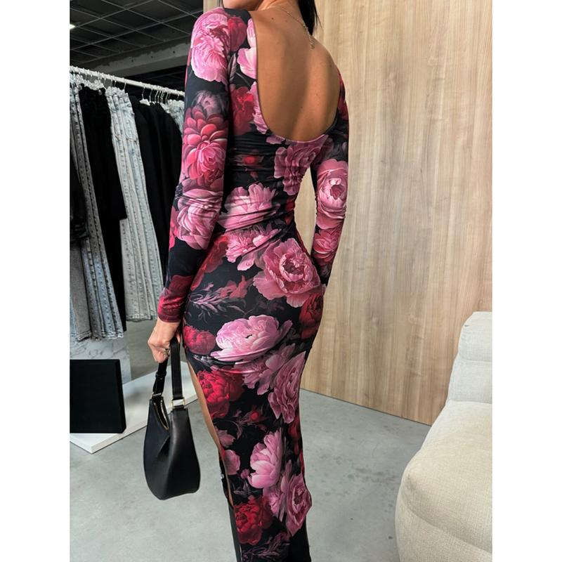 Autumn New Long Sleeve Zebra Print Split Sexy Dress Women Round Neck Slim Fit Vintage Party Club Casual Dresses Women Elegant High Waist Dress 25240