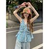Summer New Women's Plaid V-neck Sleeveless Vest Ruffle Pleated Top