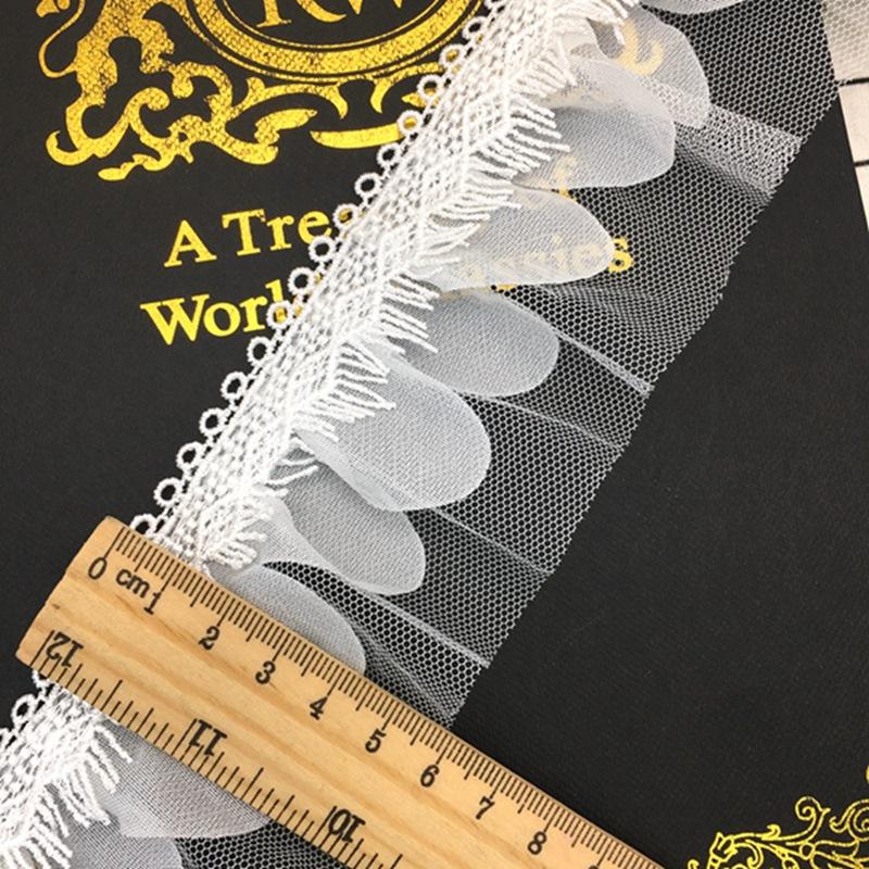 Women's 2-Layer Chiffon Tulle Ruffle Lace Trim 3D Mesh Embroidered Ribbon Skirt Dress Rhinestone 6 cm Width for Curtains