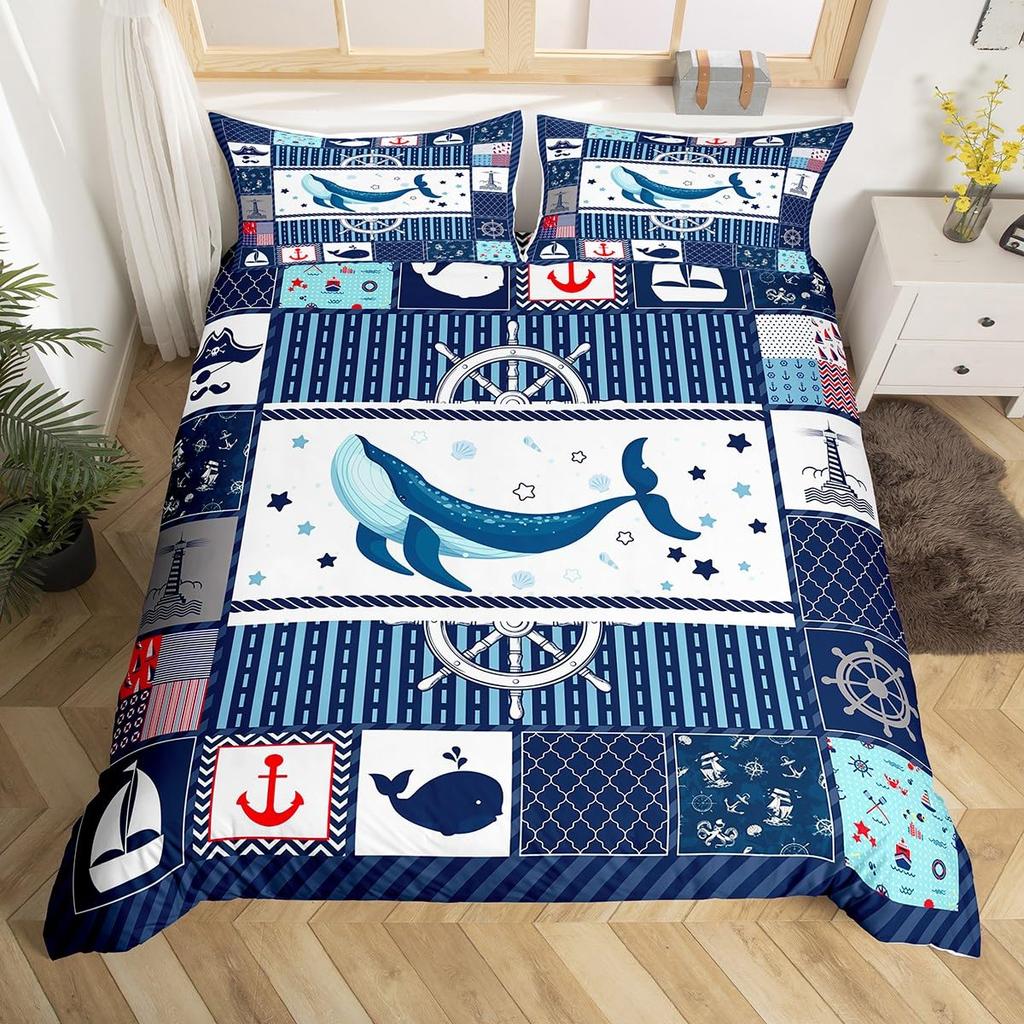 whale and Anchor duvet cover set for teens kids boys queen Lightweight Bedspread Cover bedroom Decor Navy Blue Ocean Bedding Set
