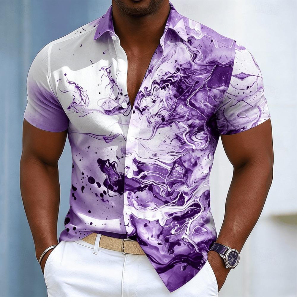 Men's ink swirl art print short-sleeve shirt, spring and summer casual abstract flowing pattern with buttons
