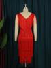 AOMEI Red Tassel Hem Dresses V Neck Sleeveless Bodycon Layered Fringe Cocktail Party Gowns Outfits Plus Size