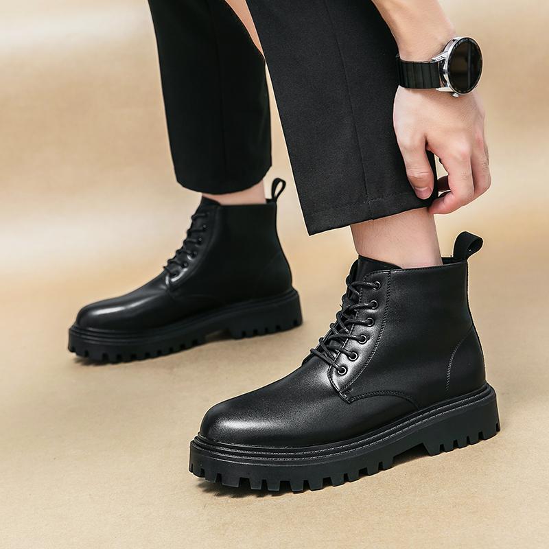 Fashion Men's round toe high top leather shoes Classic minimalist designer style Office outdoor leisure walking motorcycle men's boots