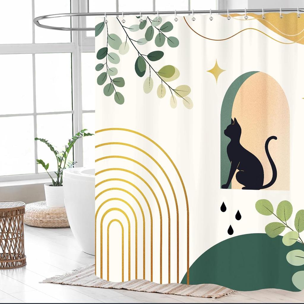 Black Cat Shower Curtain Abstract Green Leaf Waterproof Shower Curtain 180 X 180Cm With 12 Hooks Home Decor