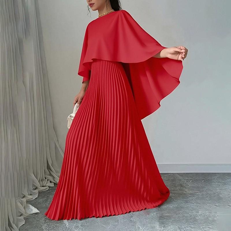 2026 Womens Elegant Solid Color Round Neck Pleated Slim Fit Casual Dress Set With Batwing Sleeves