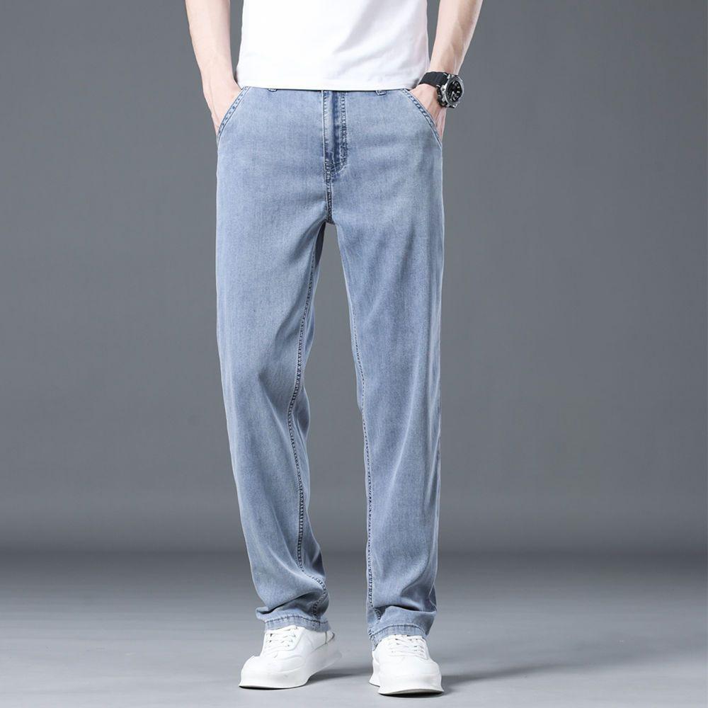 Letní ultratenké pánské džíny Lyocell Měkké Prodyšné Volné Rovné Světle modré Džínové kalhoty Business Casual Kalhoty z ledového hedvábí