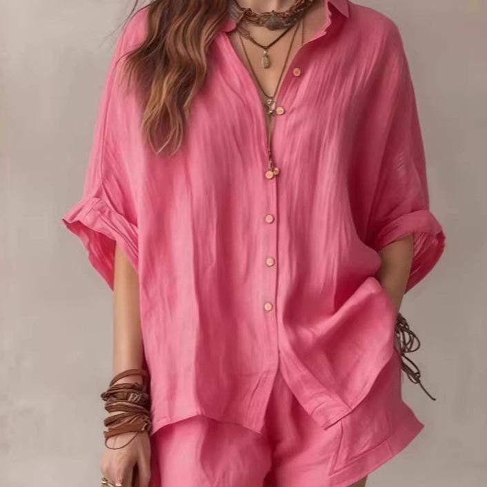 European and American Cross-border Foreign Trade Women's Clothing 2026 Summer New Solid Color Loose-breasted Shirt Shorts Fashion Casual Suit
