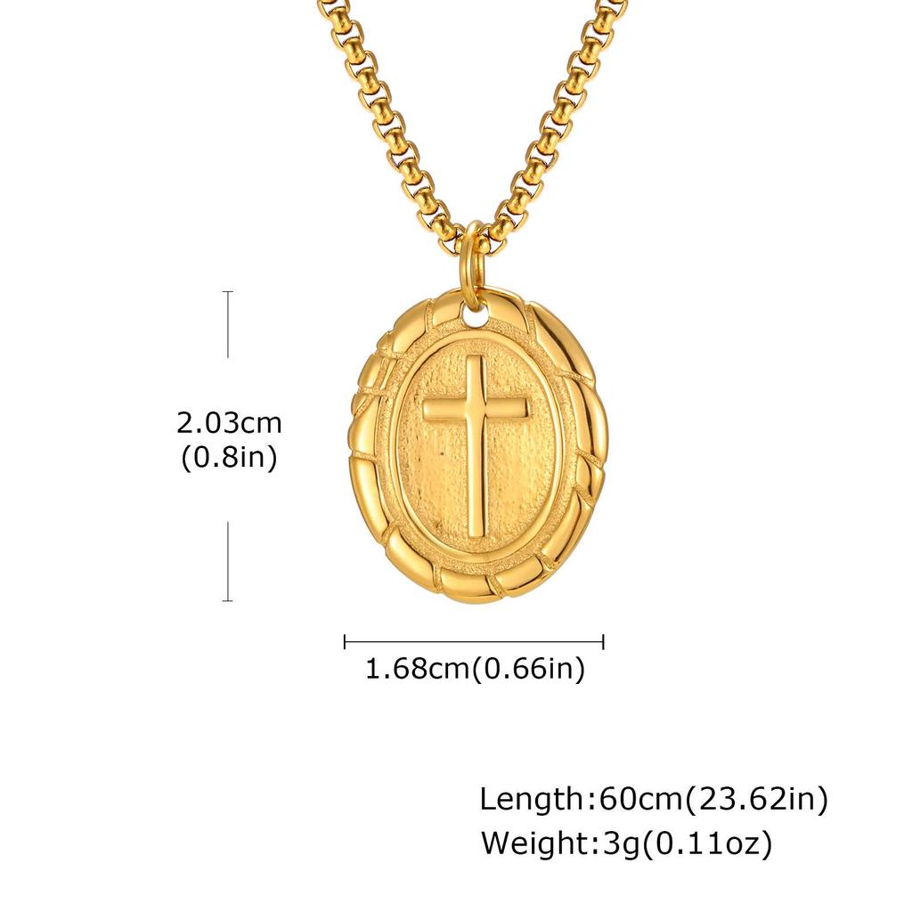Men's Double-Sided Cross Oval Pendant Necklace In Titanium Stainless Steel, Steel Color, Quanxi Water Design (Model: PN-1808)