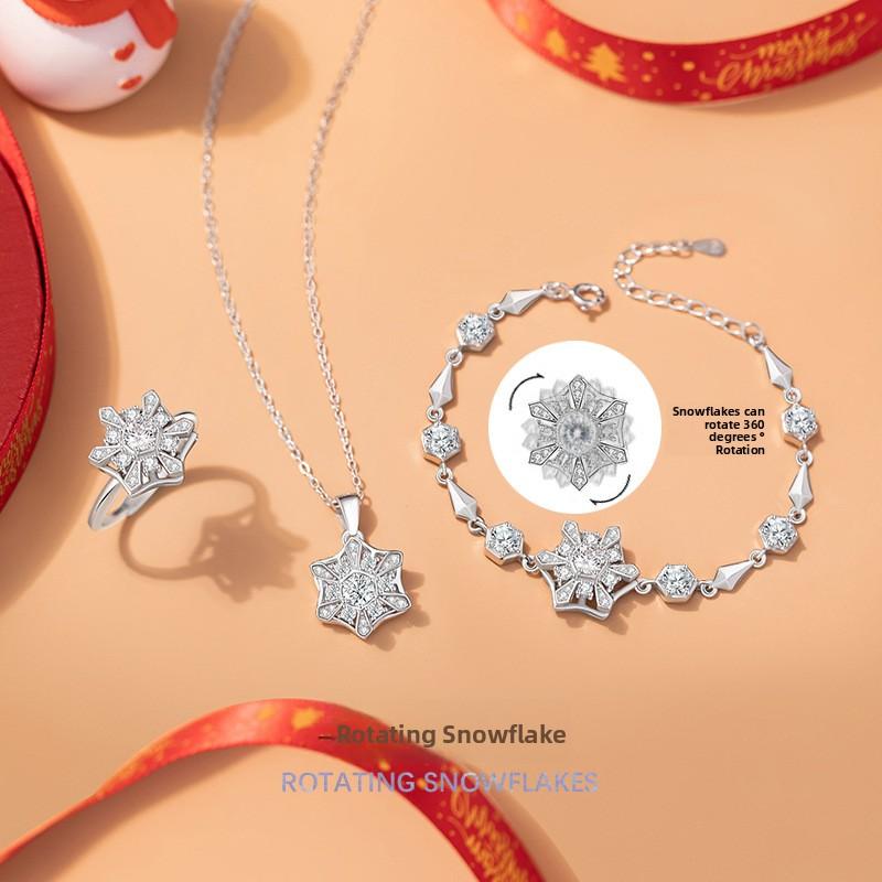 Christmas Snowflake Sterling Silver 925 Rotatable Necklace Women Niche Design Light Luxury Style Starburst Cross Chain Bracelet