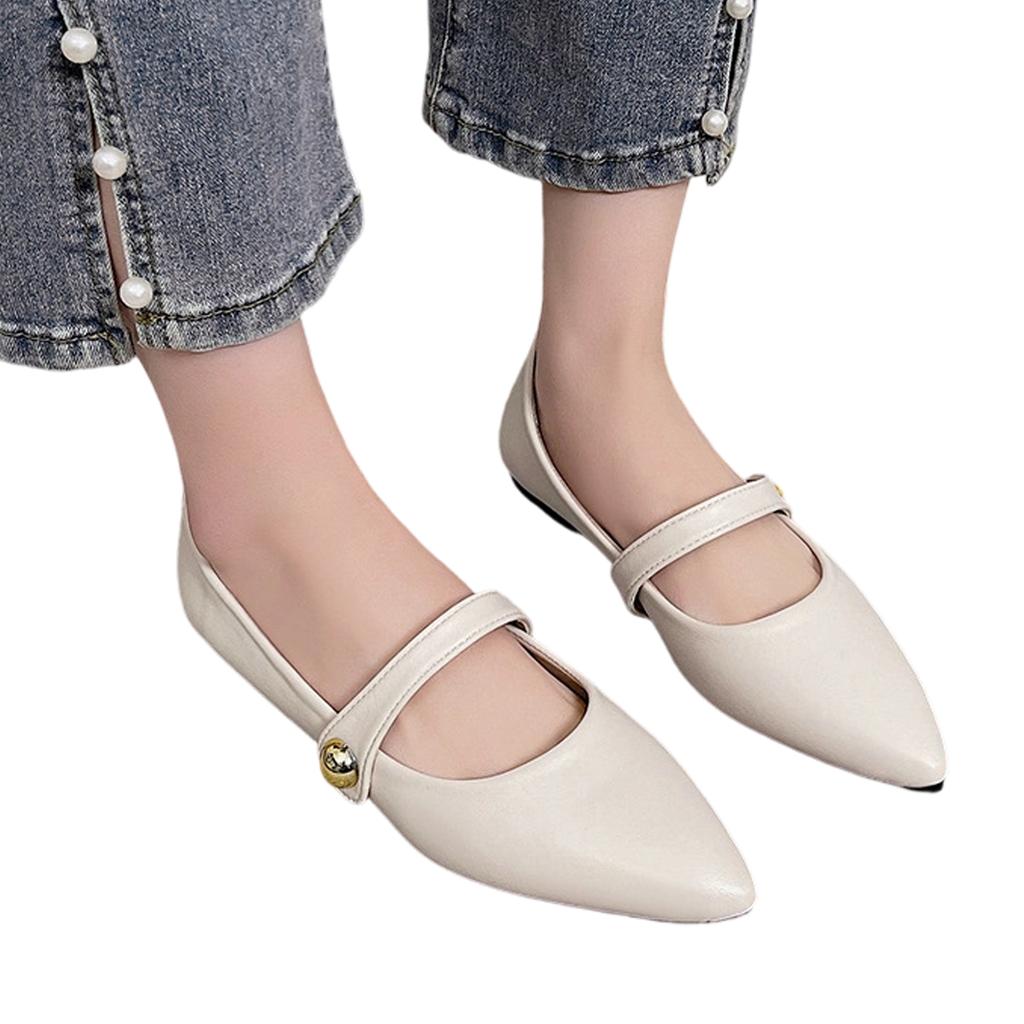 Pointed Toe Flat Shoes with Mary Jane Strap and Metallic Button Detail Slip On Design Comfortable Low Heel Casual Footwear for Women
