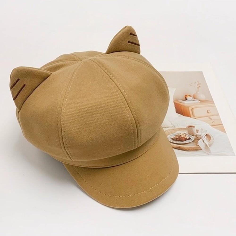 Woolen Cat Ear Hat Solid Color Octagonal Cap Retro British Beret Hat Autumn Winter