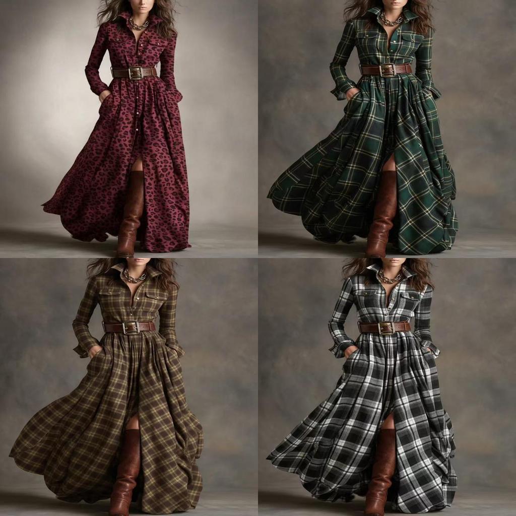 Vintage Plaid Long Sleeve Dress With Pockets For Autumn Fashion Enthusiasts