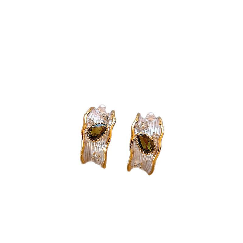 Rhinestone Tiger Eye Zircon Stud Earrings - Starry Brown Light Luxury High-End Design