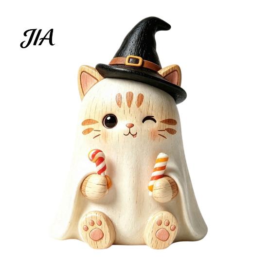 Trendy Desk Accessories Vintage Witch Cat Halloween Decoration, Small Wooden Unique Gift for Her Figurine Farmhouse Mantel, Bookshelf Table,