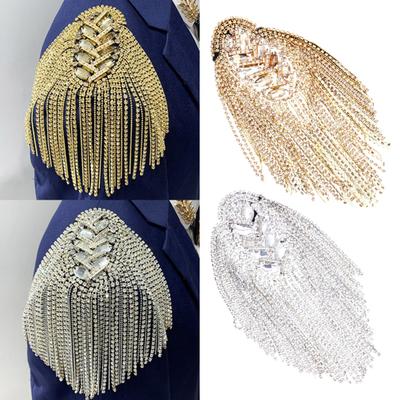 1/2Pcs Rhinestone Tassel Shoulder Epaulet Men Women Uniforms Jacket Blazer Costume Suit Metal Long Chain Fringe Epaulettes Shoulder Badge Brooch Pin