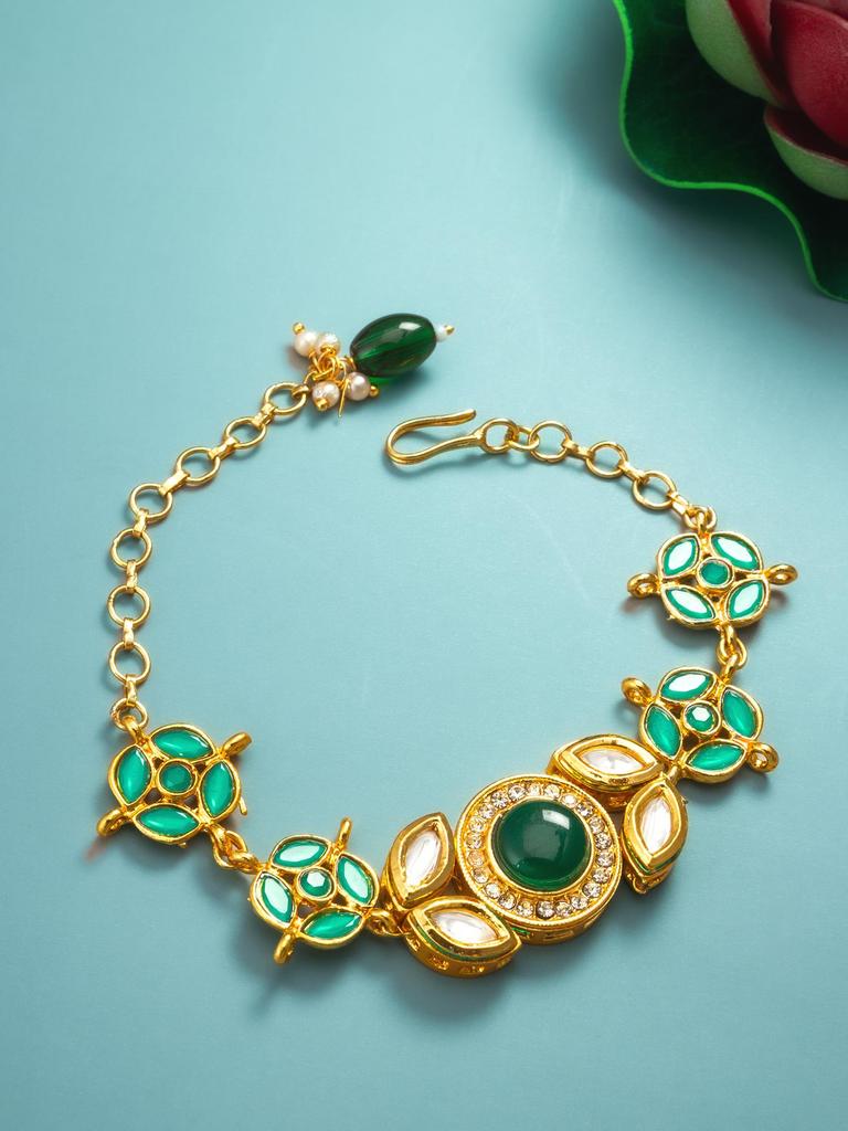 Gold-Plated Green Stone-Studded & Beaded Handcrafted Bracelet