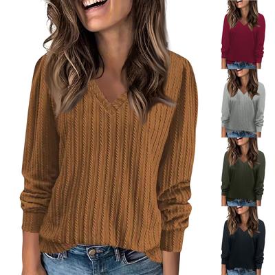 Women's Fashion Casual V-Neck Long Sleeve T-Shirt Solid Color Pullover Top