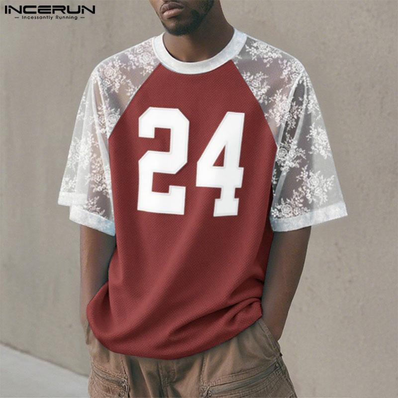 INCERUN Men Lace Patchwork Short Sleeve Letter Print Hollow Out Casual T-shirts Tops