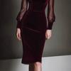Long Sleeve Chiffon Mesh Patchwork Slim Fit Women's Elite Style One-Piece Dress