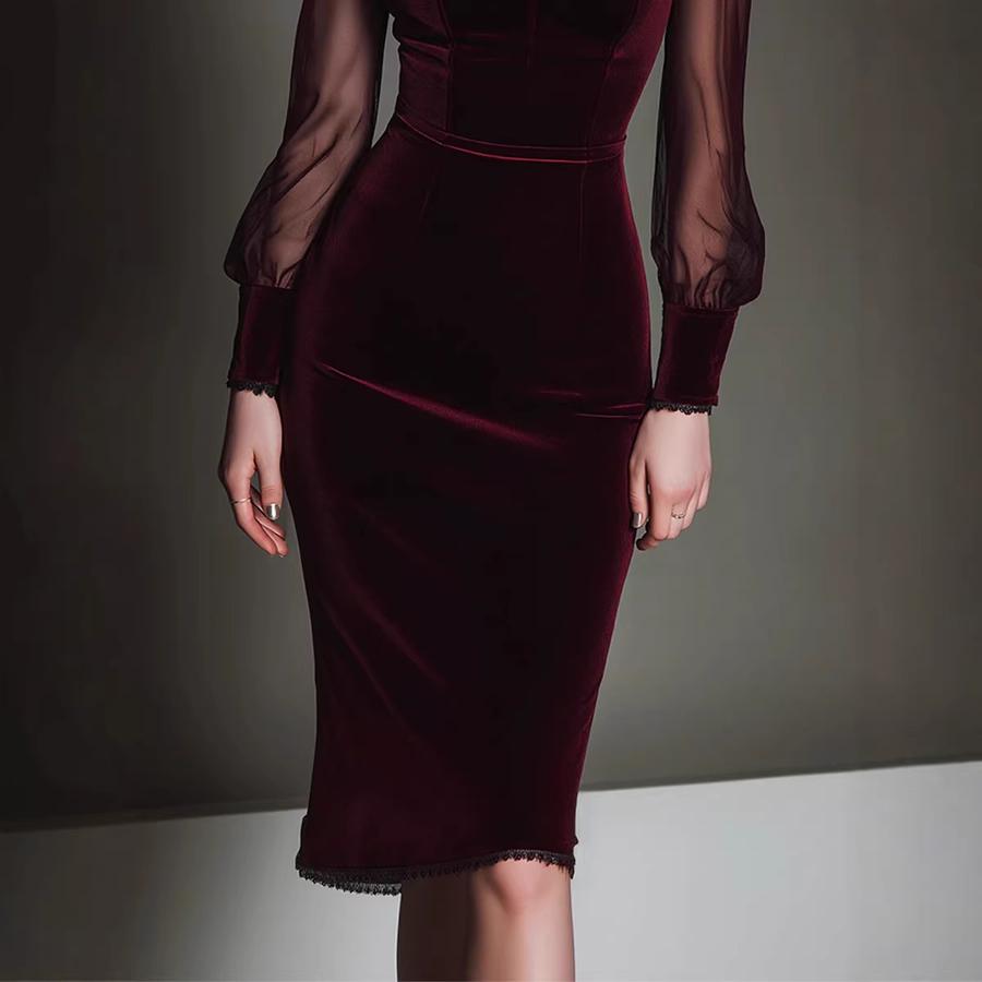 Long Sleeve Chiffon Mesh Patchwork Slim Fit Women's Elite Style One-Piece Dress