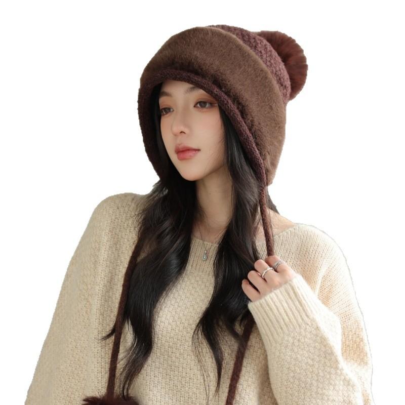 Winter Thickened Warm Ear Cap Women's Plush Big Hairball Knitted Hat Outdoor Windproof and Cold-proof Plush Hat