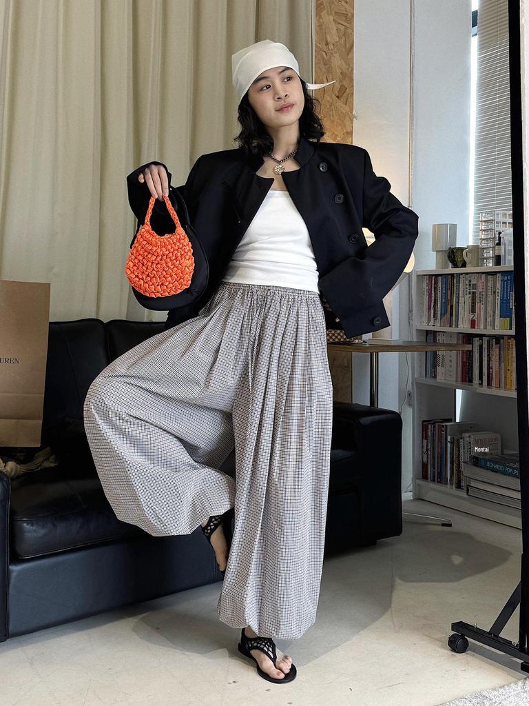 Xu Man Spring/Summer Paris Fashion Plaid Balloon Button Cuff Long Pants for Women