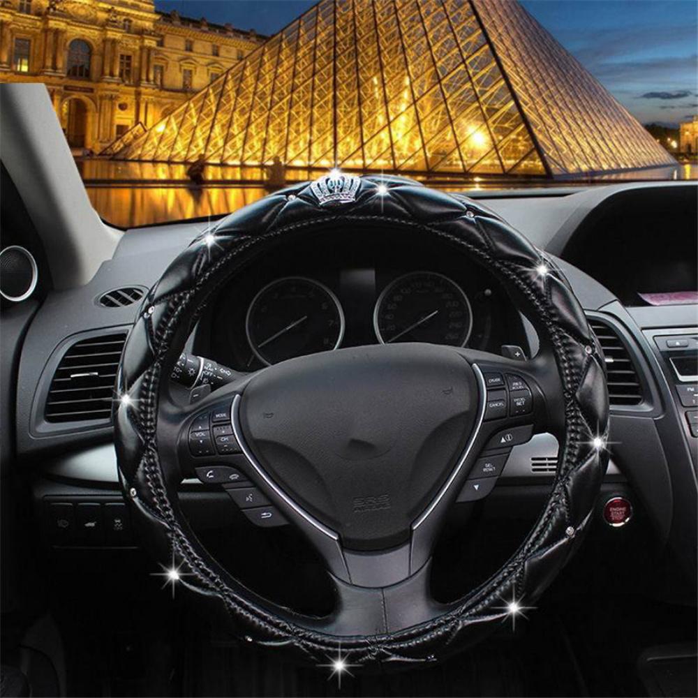 Black Car Steering Wheel Cover Pu Leather 38Cm Rhinestone Crystal Diamond Crown