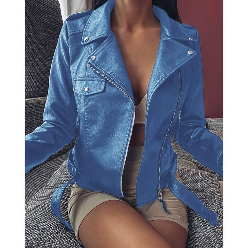 Dámská cool bunda z umělé kůže s dlouhým rukávem a zipem přiléhavý kabát podzimní krátká bunda