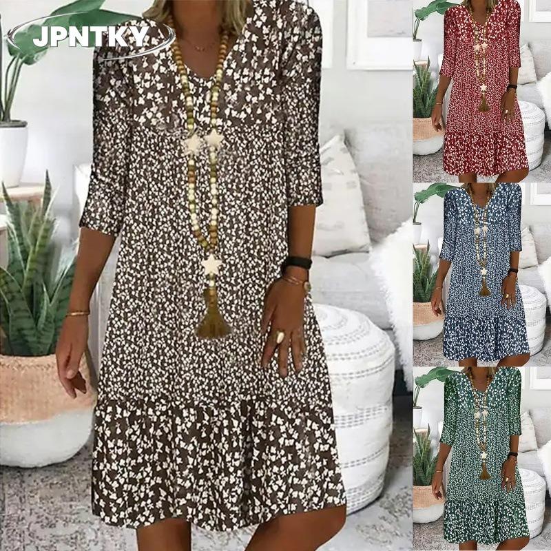 JPNTKY Fashion Summer Spring 1/2 Sleeves V-Neck Casual Dresses