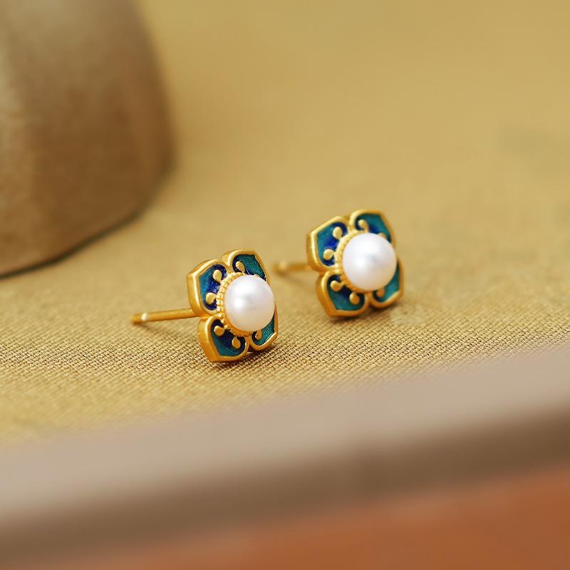 Tichiya Four-Leaf Clover Freshwater Pearl Earrings, S925 Sterling Silver, Enamel, Chinese Style S925 Silver