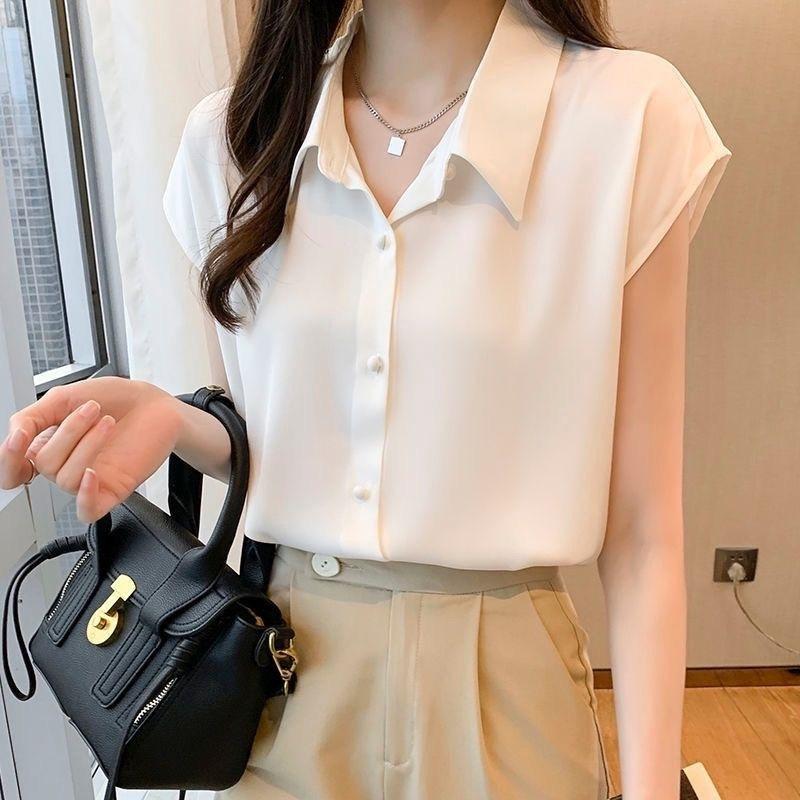 WTEMPO Women Short Sleeve Shirt Lapel V Neck Smooth Loose Elegant Office Commuter Solid Color Summer Blouse Top
