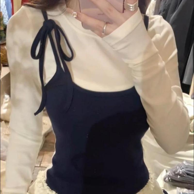 2KWEIRD Korean Woman T Shirts Fake Two Chic Tees Long Sleeve O-neck Ruffles Sweet Camisetas Bandage Casual Y2k T-shirts