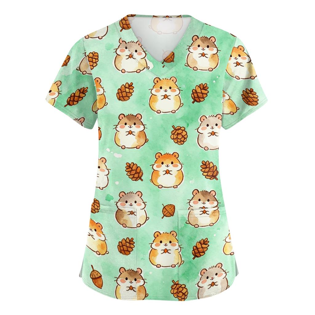 Damen V-Ausschnitt Kurzarm Arbeits-Top mit Taschen Tierprint Kasack für medizinisches Fachpersonal Bequeme Passform