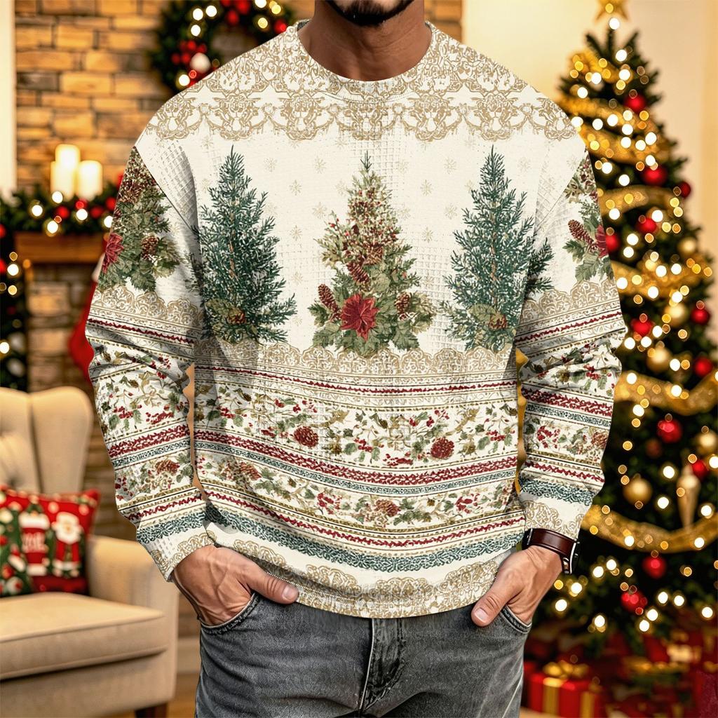 Men's Casual Knit Long Sleeve Neck Shirt with Christmas Print for Holiday Parties