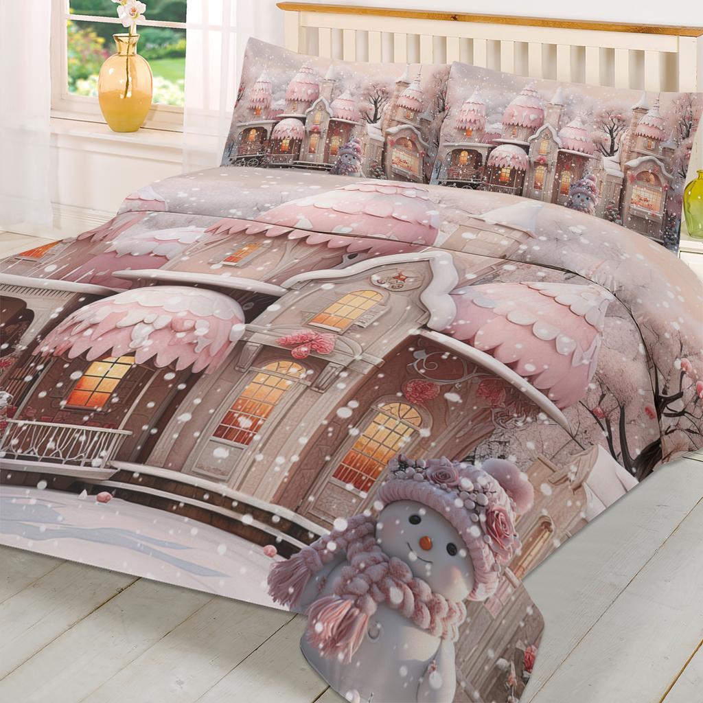Christmas Snowman Snow Scene Pink House 3pcs Bedding Set For Double Bed Home Textile Duvet Cover Quilt Cover Pillowcase