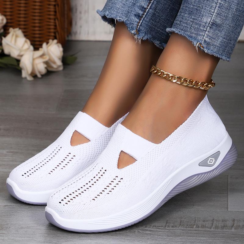 Women's Comfortable Breathable Knitted Sneakers Walking Soft Cut-Out Shoes for Women Office Work Platform Flats Slip On Tennis Shoes Casual Loafers