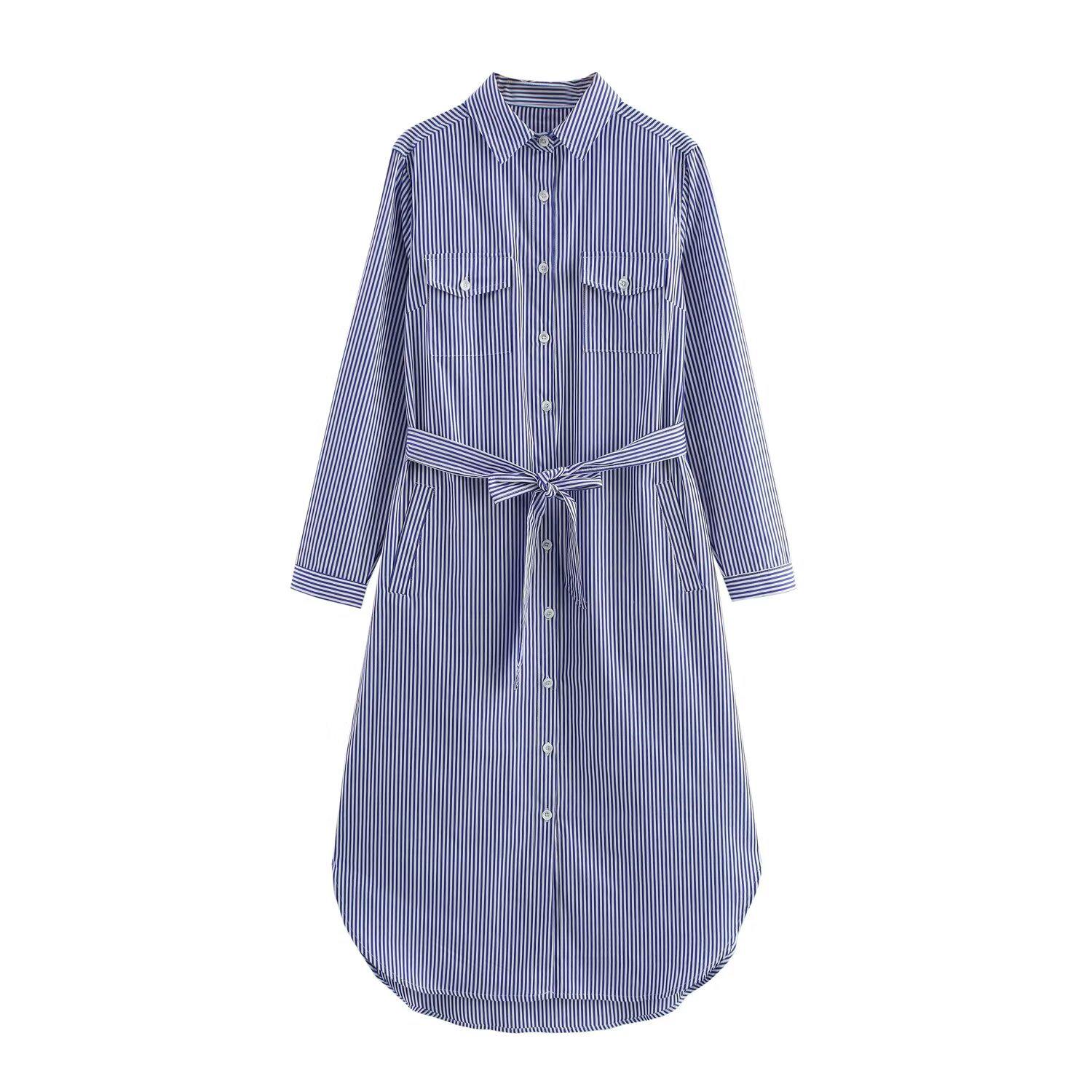 

Женское синее полосатое французское платье-рубашка премиум-класса слим-силуэта с завязкой на талии и длинными рукавами Small