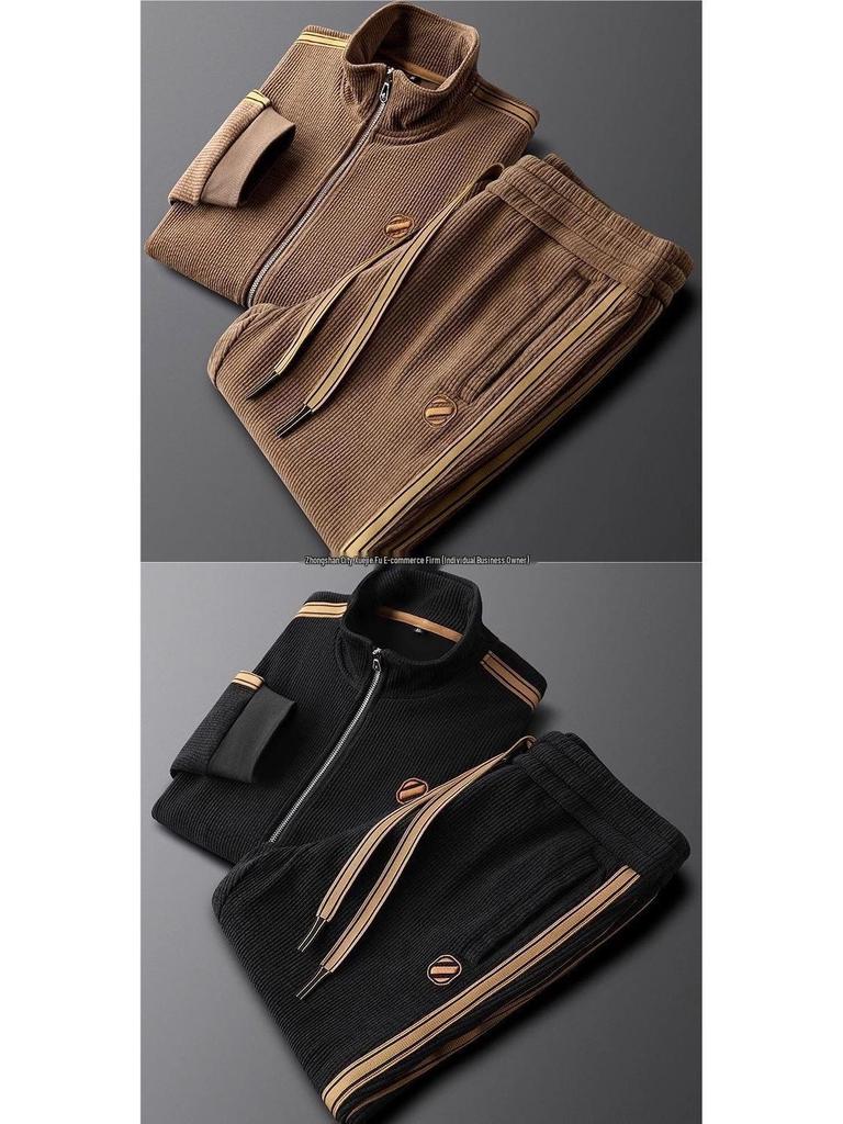 Men's Trendy Slim Fit Casual Sports Suit: Warm, Solid Color, Striped Two-Piece Set with Jacket & Straight-Leg Pants for Fall/Winter