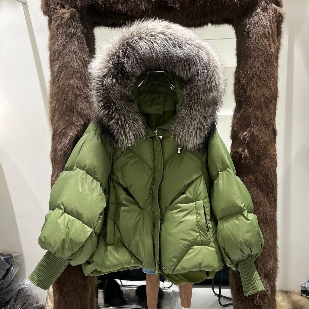 European winter new raccoon big fur collar hooded down jacket women's medium and long thickened warm knitted sleeve jacket